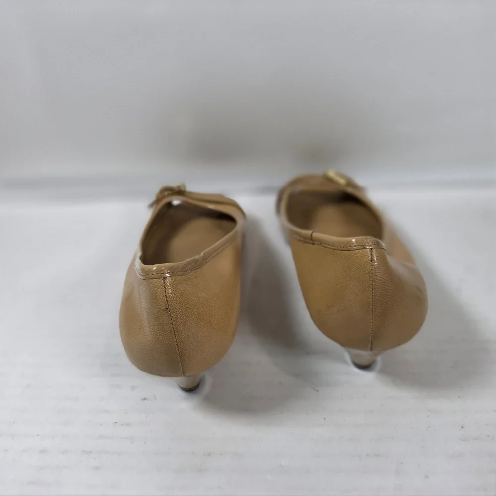 Lauren Ralph Lauren Tan Leather Peep Toe Wedge Heels Buckle Detail Beige Pumps
